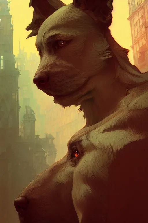 Prompt: a portrait of the dogman, fantasy, sharp focus, intricate, elegant, digital painting, artstation, matte, highly detailed, concept art, illustration, ambient lighting, art by ilya kuvshinov, artgerm, alphonse mucha, and greg rutkowski