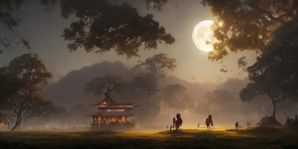 Image similar to moonlit kerala village, sharp focus, wide shot, trending on ArtStation, masterpiece, by Greg Rutkowski, by Ross Tran, by Fenghua Zhong, octane, soft render, ultrarealistic, colorful, cinematic, horizon forbidden west