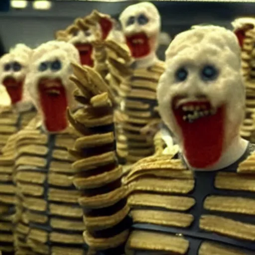 Image similar to Monsters made of French Fries fighting Star Fleet Officers in the mess, film still from the movie directed by Denis Villeneuve with art direction by Salvador Dalí,