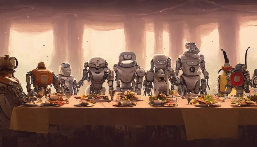 Image similar to a table dinner of robots where robots are dressed like the characters from the midsommar movie, realistic detailed digital art by maxwell boas jessica rossier christian dimitrov anton fadeev trending on artstation cgsociety rendered in unreal engine 4 k hq