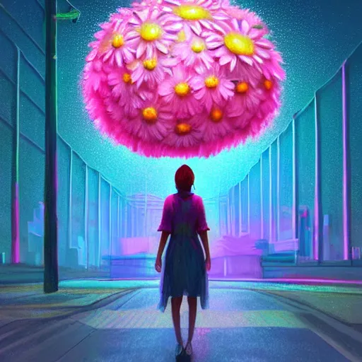 Image similar to giant daisy flower head, woman walking in a modern city, surreal photography, night, neon light, impressionist painting, digital painting, artstation, simon stalenhag