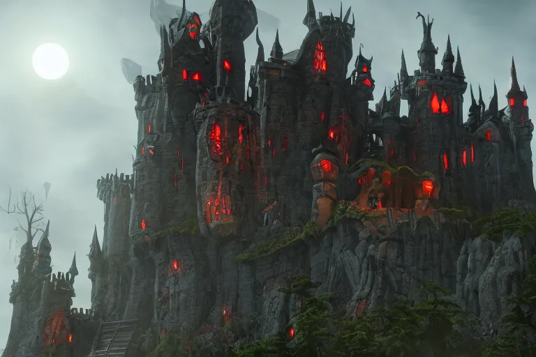 Image similar to big evil castle - city rock dark shadow elves, might and magic heroes vii, dark fantasy, shadows, artstation trending, unreal engine 5, red