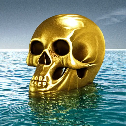 Prompt: a golden skull floating in the sea