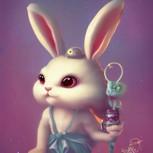 Prompt: funny cute little bunny monster by tom bagshaw, artgerm, jeremiah ketner, beeple and charlie bowater, soft lighting, solid background,