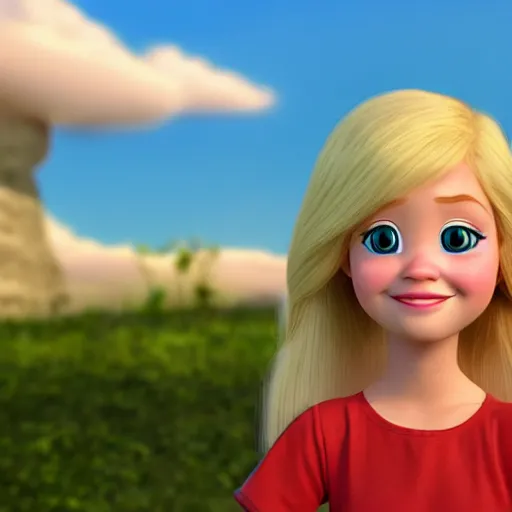 Image similar to a 3d princess with blonde hair , 3d cgi , disney style,pixar , photorealistic