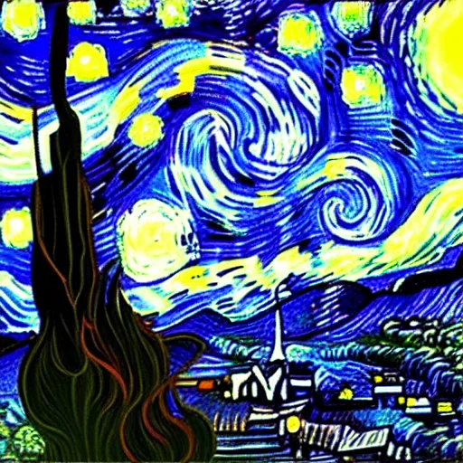 Image similar to Starry night in the style of edward gorey, masterpiece, high quality, digital art