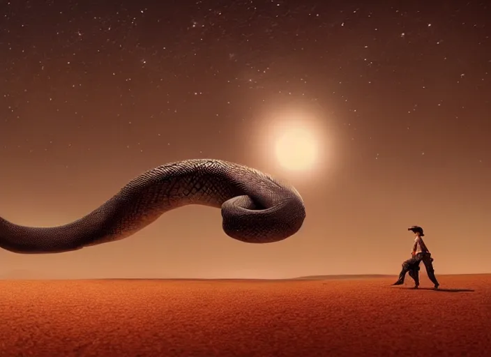 Image similar to giant snake on a moonlit desert, art by artgerm and greg rutkowski, cinematic shot, intricate, ornate, photorealistic, ultra detailed, trending artstaition, realistic, 1 0 0 mm, photography, octane, high definition, depth of field, bokeh, 8 k