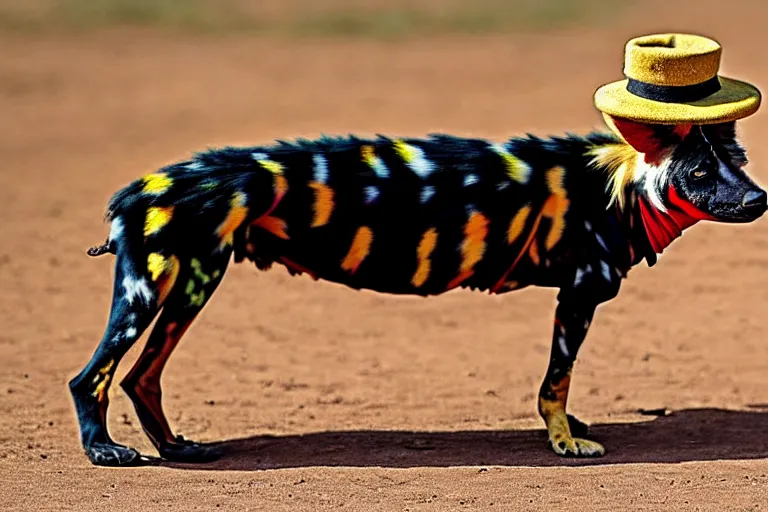 Image similar to A photo of the world's greatest showman: the african painted dog dressed in a hat!