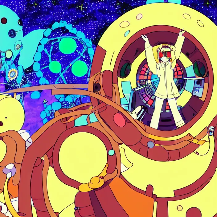 Image similar to close up of mamimi samejima from flcl, psychedelic background, epcot, inside a space station, eye of providence, female anime character, giygas, charles burchfield