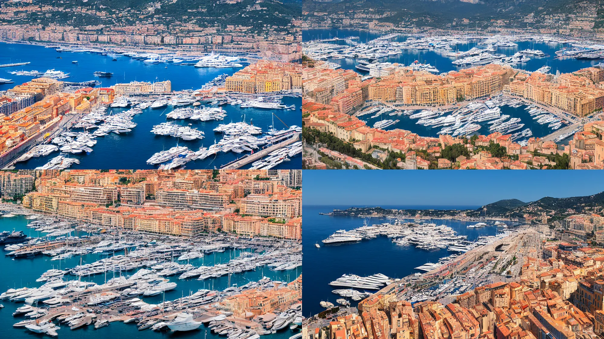 Prompt: High-quality DSLR photo of the port of Monaco as seen from the old city, wide angle lens, long shadows, beams of sunlight