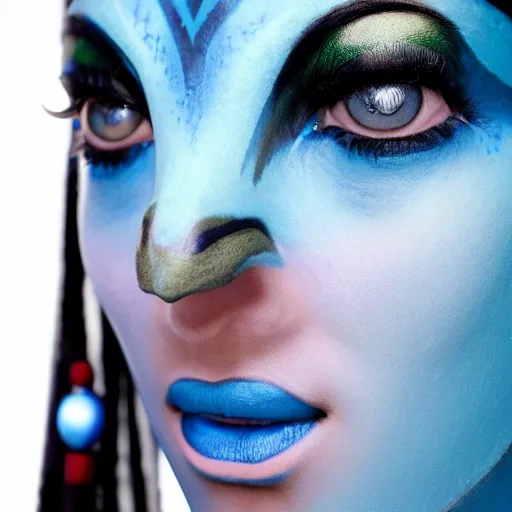 Image similar to close up headshot of a female navi from Avatar, blue skin, cosplay, photoshoot, studio lighting, photograpy by Bruce Weber