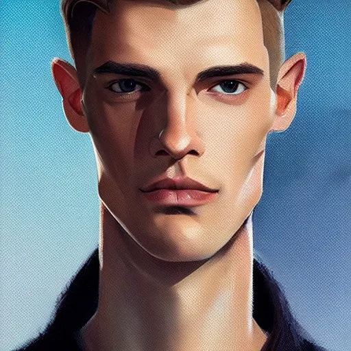 Image similar to tall man in his twenties with brown blond short quiff hair and thin slightly round facial structure with cleft chin, straight eyebrows and prominent nose, good definition of cheekbones, big hazel nut brown eyes, narrow face, slim body, atmospheric lighting, painted, intricate, 4 k, highly detailed by charlie bowater