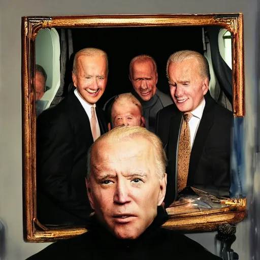 Image similar to joe biden coneheads band mirror room album cover, chamber of reflections, dramatic lighting, ray tracing, refraction, shallow d. o. f, colour corrected, golden ratio, three point light. volumetric shadows. light rays