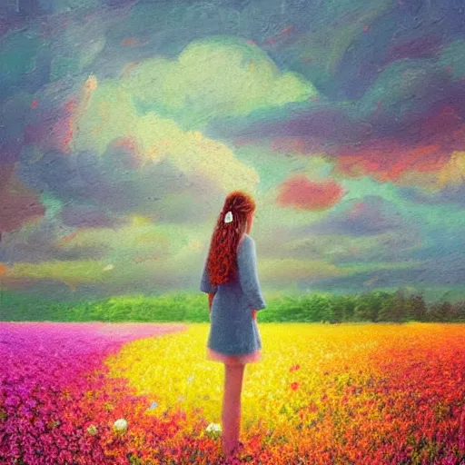 Prompt: large flower face, girl standing in a flower field, surreal photography, sunrise dramatic light, impressionist painting, colorful clouds, digital painting, pointillism, artstation, simon stalenhag