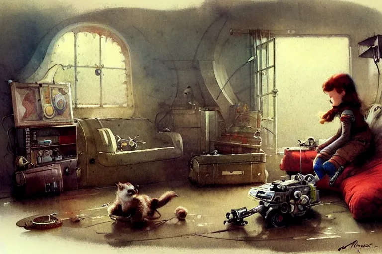 Image similar to adventurer ( ( ( ( ( 1 9 5 0 s retro future living room. muted colors. toys laying around ) ) ) ) ) by jean baptiste monge, chrome red