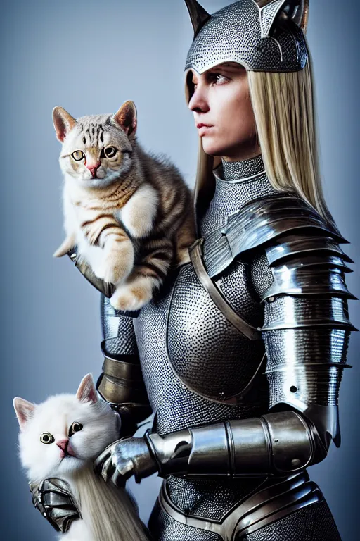 Image similar to female knight wearing a real cat on her head, armor designed by wayne barlowe, swarovski and tiffany, blonde hair, symmetry, sci - fi, cinematic, elegant, luxury, perfect light, perfect composition, dlsr photography, sharp focus, dark fantasy, 4 k, ultra hd, sense of awe, highly detailed, realistic, intricate