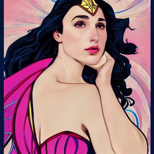 Image similar to a moderne painting of gal gadot as the pink power ranger in the style of charlie bowater, and in the style of alphonse mucha. sharp focus, semi - realism, intricate detail.