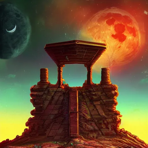 Prompt: ancient structures in the moon, retrowave epic art, trending on art station