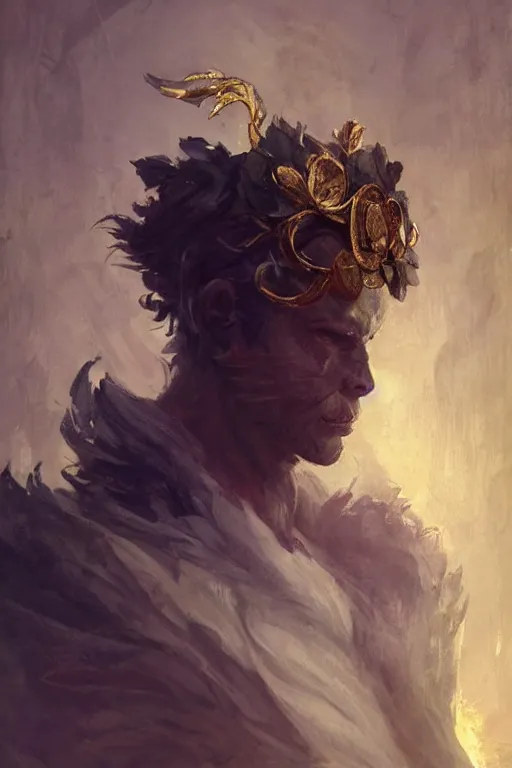 Image similar to a masculine elegant man from sideview and wearing golden laurel wreath, ethereal horror fantasy art by greg rutkowski and magali villanueve and monet con