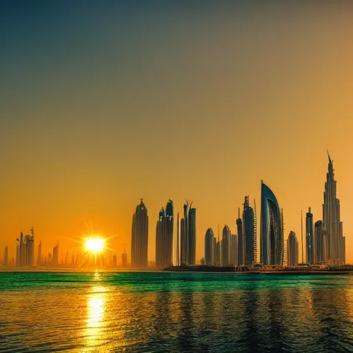 Image similar to dubai, landscape, skyline, vivid, masterpiece, green sun, sunset