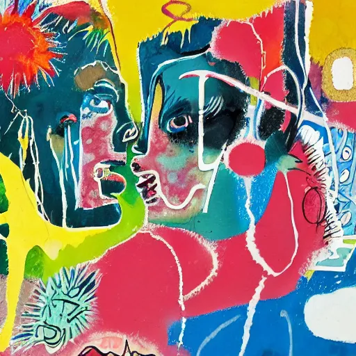 Image similar to watercolor painting of a closeup of two bizarre psychedelic women kissing in japan in winter, speculative evolution, mixed media collage by basquiat and jackson pollock, maximalist magazine collage art, sapphic art, psychedelic illustration