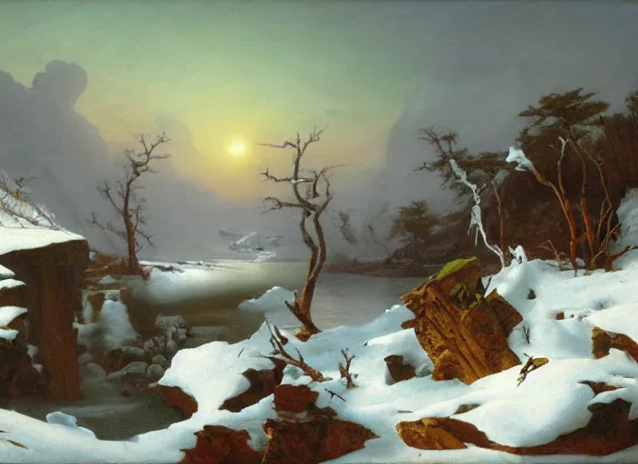 Image similar to earth after the cretaceous – paleogene extinction event, a harsh winter cools down the earth, blizzards envelop the lands, in the style of hudson river school of art, oil on canvas