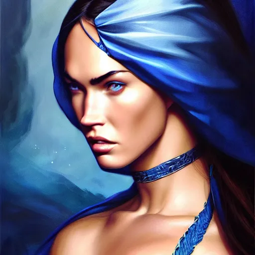 Image similar to ! dream portrait of megan fox blindfolded, muscular upper body, collar, greek, jewelry, blue dress, fantasy, intricate, elegant, highly detailed, digital painting, artstation, concept art, matte, sharp focus, illustration, art by aenaluck and roberto ferri and greg rutkowski, epic fantasy, digital painting