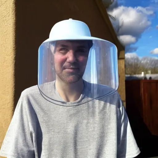 Prompt: photo of a man wearing a transparent bucket on his head