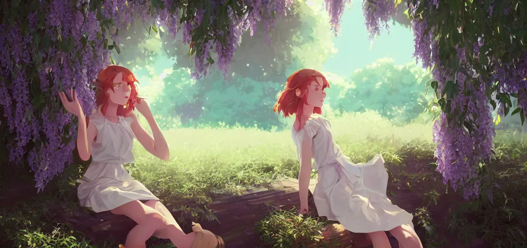 Image similar to a beautiful southern woman named Savannah, innocent, somber turquoise eyes, freckles, long ginger hair tied with white ribbon, sad under a wisteria plant, gentle lighting, storm in the distance, simple dress, digital art by Makoto Shinkai ilya kuvshinov and Wojtek Fus, digital art, concept art,