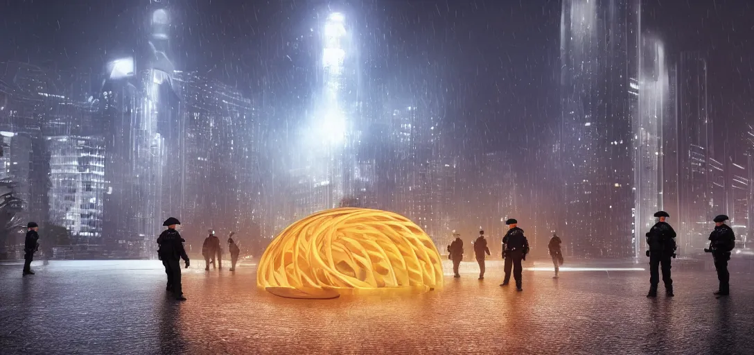 Image similar to policemen protect a huge spiral - shaped luminous object right in the center of the city from protesting crawd, night, rain and light fog, professional lighting, concept art in 3 d, high detail, professional lighting