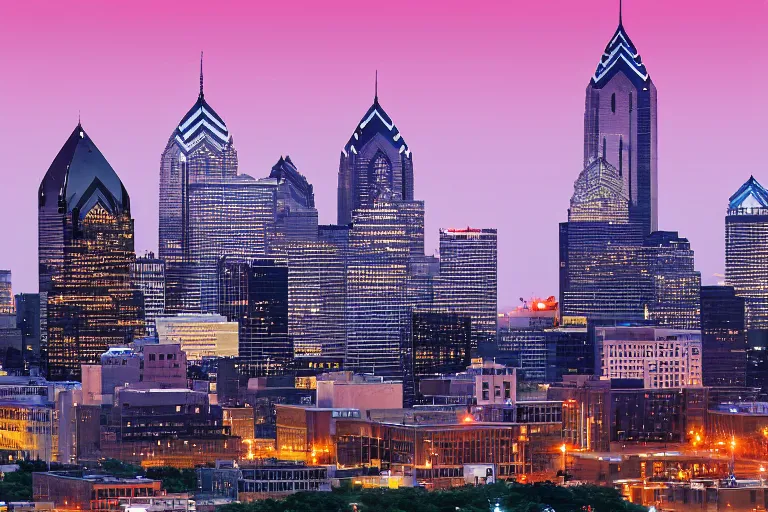 Image similar to the philadelphia skyline 2021 at dusk, dramatic, epic, cinematic