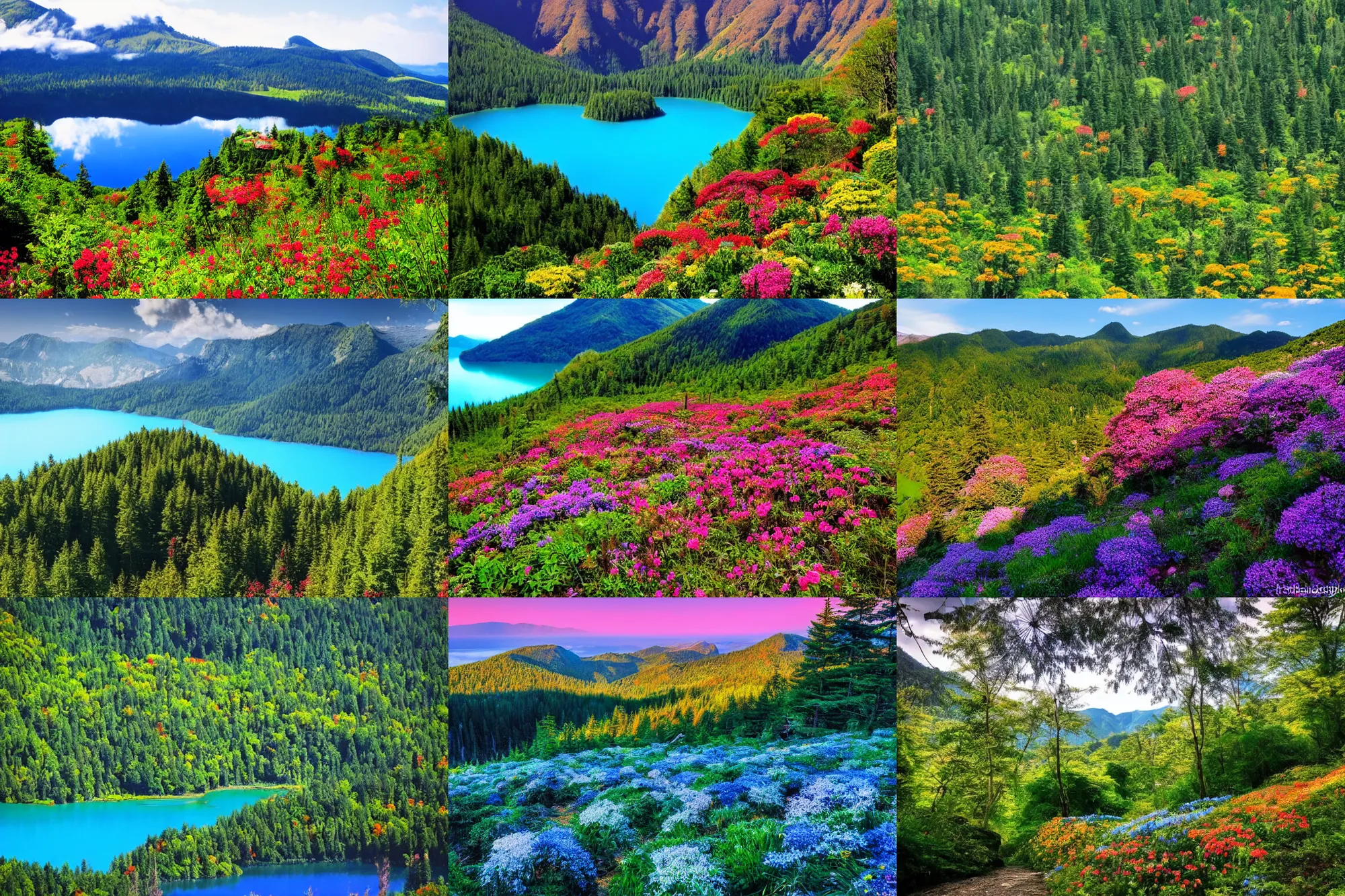 Prompt: a forest grove atop a tall mountain. Flowers in every colour bloom everywhere. A calm bright blue lake. The sun is shining. It is paradise on earth. Resplendent.