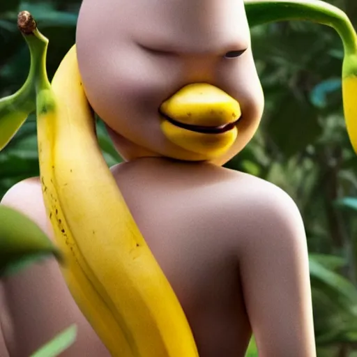 Image similar to an anthromorphoic banana character that has the face of emma stone