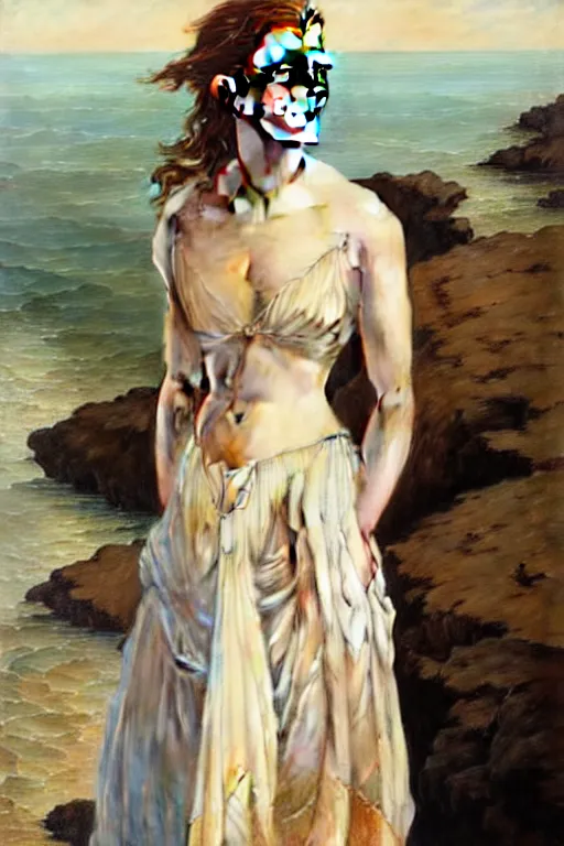 Image similar to a beautiful emma watson wearing a dress emerging from the water, oil on canvas, sensuality, artstation, by j. c. leyendecker and edmund blair leighton and charlie bowater, instagram photo