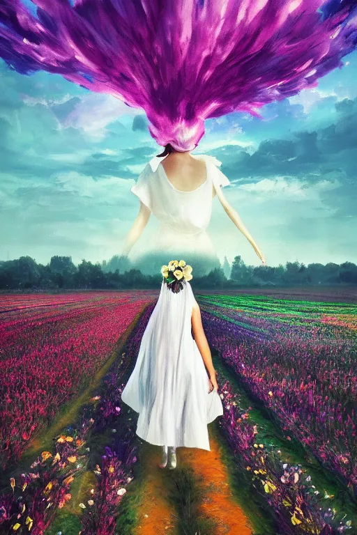 Image similar to giant white flower crown as head, veil girl walking in a flower field, surreal photography, sunrise, dramatic light, impressionist painting, colorful clouds, digital painting, artstation, simon stalenhag