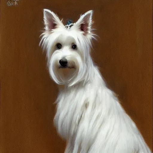 Image similar to white yorkshire terrier sitting on throne, portrait art by donato giancola and greg rutkowski, realistic face, digital art, trending on artstation, symmetry