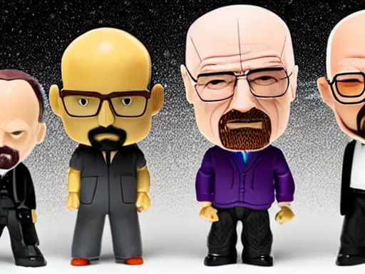 Image similar to a breaking bad action figure set with Saul Goodman, Walter white, and Jesse pinkman