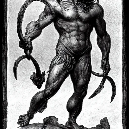 Image similar to full body, grayscale, Gustave Dore, James Daly, muscled humanoid balrog demon, horns, heroic pose, swirling flames