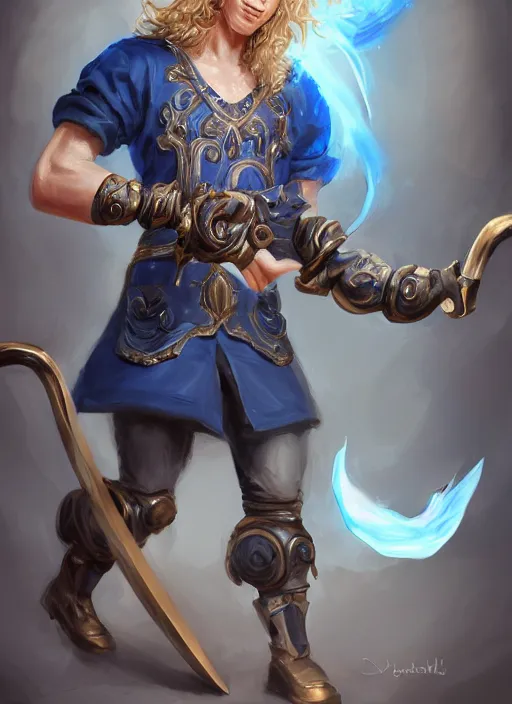 Prompt: a highly detailed illustration of long wavy bright blonde haired young effeminate boy wearing blue blacksmith apron and iron mechanical arms, blue eyes, dramatic smiling pose, intricate, elegant, highly detailed, centered, digital painting, artstation, concept art, smooth, sharp focus, league of legends concept art, wlop