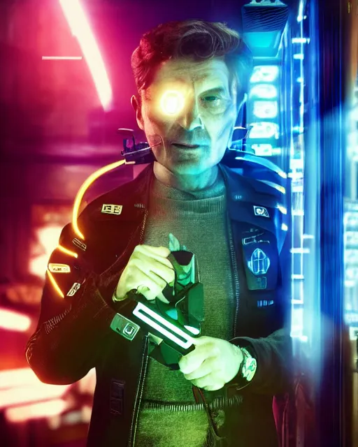 Image similar to photo of lieutenant columbo as a cyborg, advanced technology, cyberpunk background, neon lights, scifi, moody, atmosphere, professionally color graded, sharp focus, 8 k high definition, insanely detailed, intricate