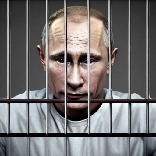 Image similar to Vladimir Putin in prison behind bars, crying, dirty, sad, ugly, cinematic lightning, octane render, 8k, realistic photo,