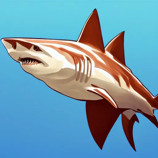 Image similar to great white shark, side view, with a conical orange traffic cone instead of a fin - ron cheng & alphonse mucha, highly detailed, digital painting, ray tracing, concept art, illustration, smooth sharp focus, intricate, symmetry, artstation,