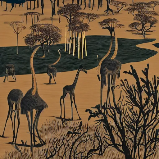 Prompt: safari on a surreal martian like world, strange unknown tall giraffe like creatures roaming the barren plains, woodblock, black fine lines on warm brown, by stanley donwoood, by victo ngai