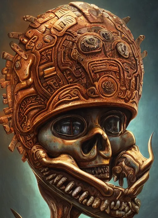 Image similar to Helmet of a forgotten Aztec Deity, bones, copper elements, extremly detailed digital painting, in the style of Tomasz Alen Kopera and Fenghua Zhong and Peter Mohrbacher, mystical colors, rim light, beautiful lighting, 8k, stunning scene, raytracing, octane, trending on artstation