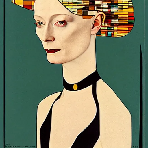 Image similar to a portrait by coles phillips of the stunningly beautiful actree, tilda swinton, mucha, kandinsky, art deco, decadence,