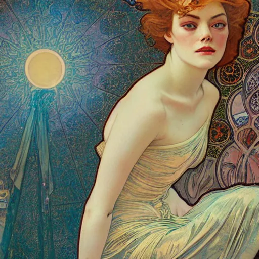 Image similar to emma stone portrait by louis - theophile hingre and alphonse mucha, hyperrealistic, sharp focus, zodiac signs, tarot cards, planets, ethereal, art nouveau, magic, moon, sun, crown, dreamy