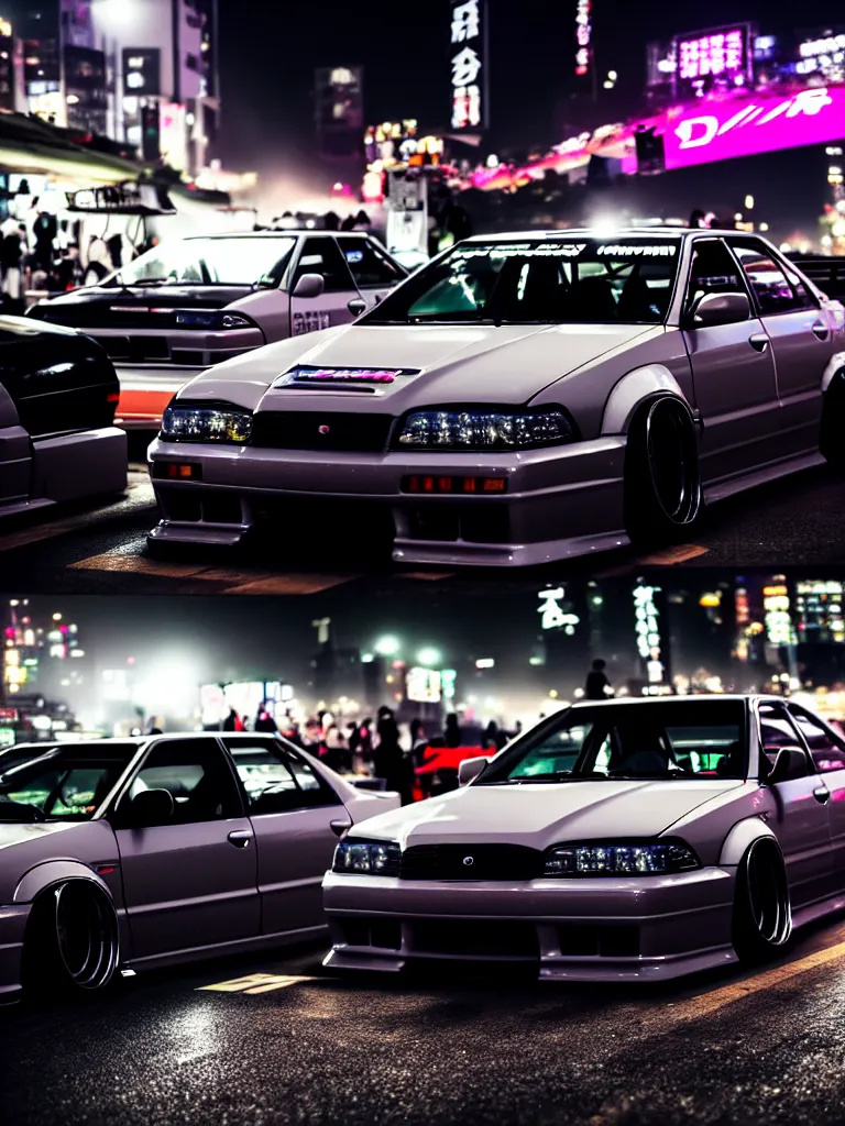 Image similar to a car JZX100 twin turbo drift at illegal car meet, Shibuya prefecture, city midnight mist lights, cinematic lighting, photorealistic, highly detailed wheels, high detail