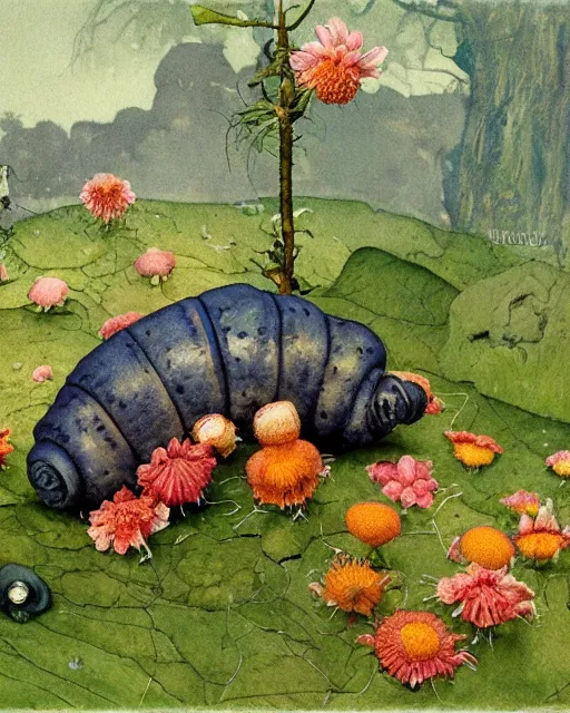 Prompt: detailed painting of a beautiful tardigrade p, untouched by humans for years, with a brooding fairy inside it. sunlight beams down on the scene and you can tell it is spring from the flowers. perhaps a party of adventurers or a lone traveler is entering the scene from the a path. by norman rockwell