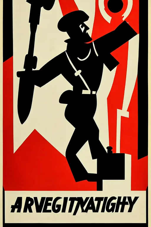 Image similar to fictional propaganda poster showing a man pointing to the left with artillery cannons behind him, artillery battery, highly stylized, high contrast, limited palette, 1 9 2 0 s