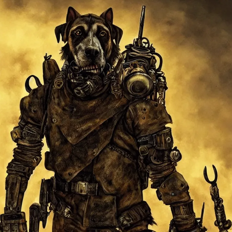 Image similar to a good ol'hound dog fursona ( from the furry fandom ), heavily armed and armored facing down armageddon in a dark and gritty version from the makers of mad max : fury road. witness me.